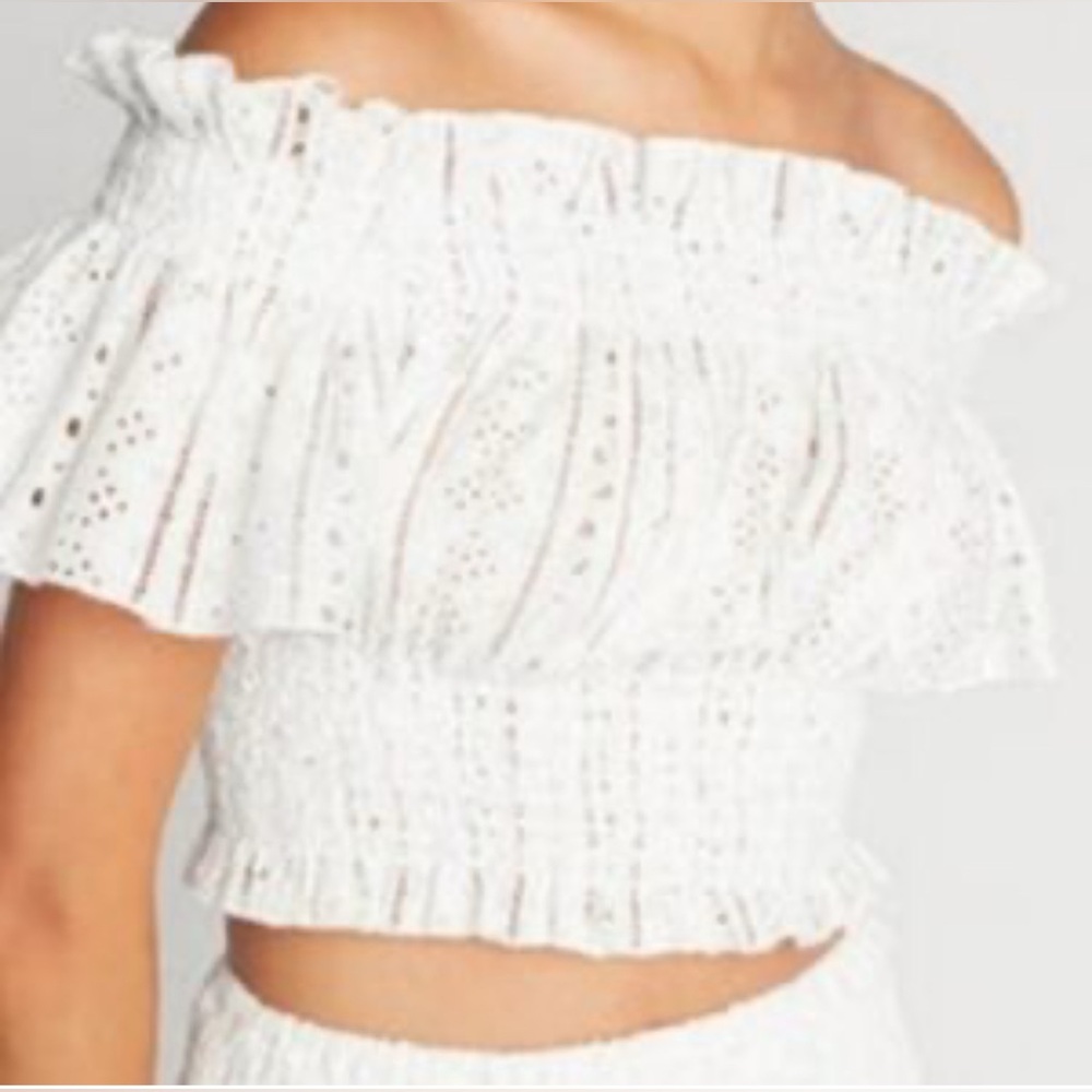 Choosy White On/Off-Shoulder Smocked Eyelet Lace Cropped Top Size 12 NWT
